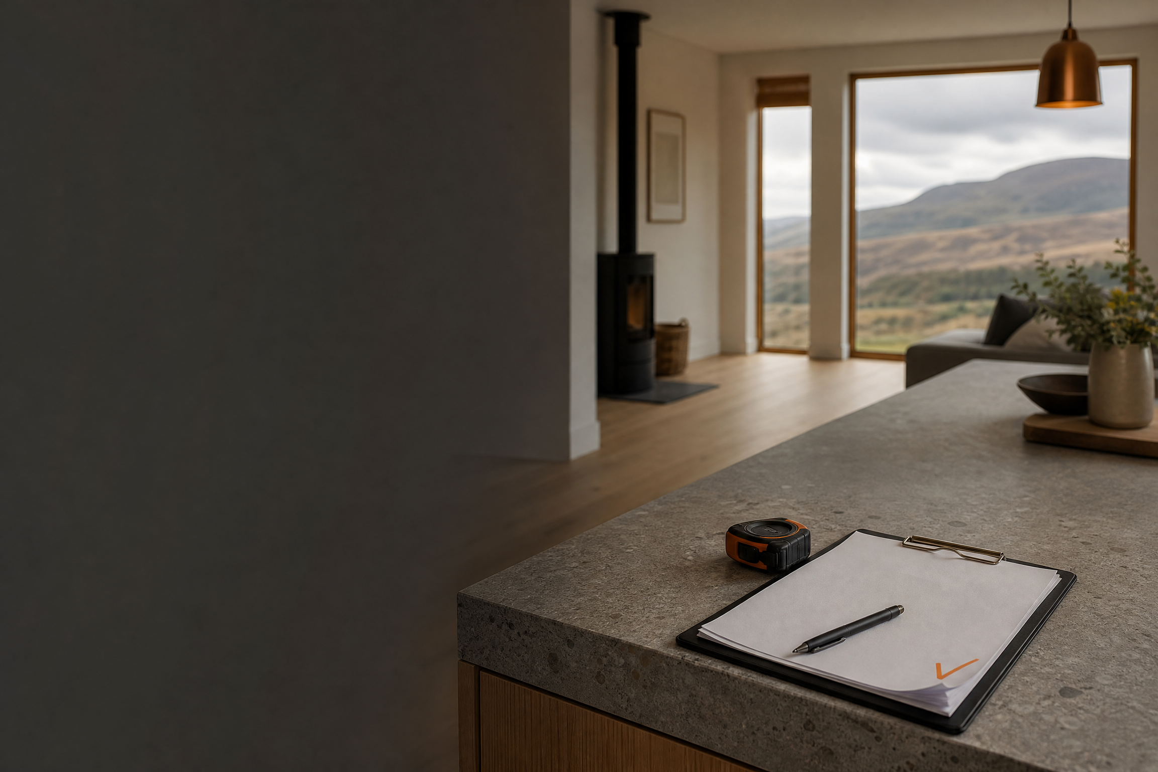 New-build home interior with a surveyor's clipboard