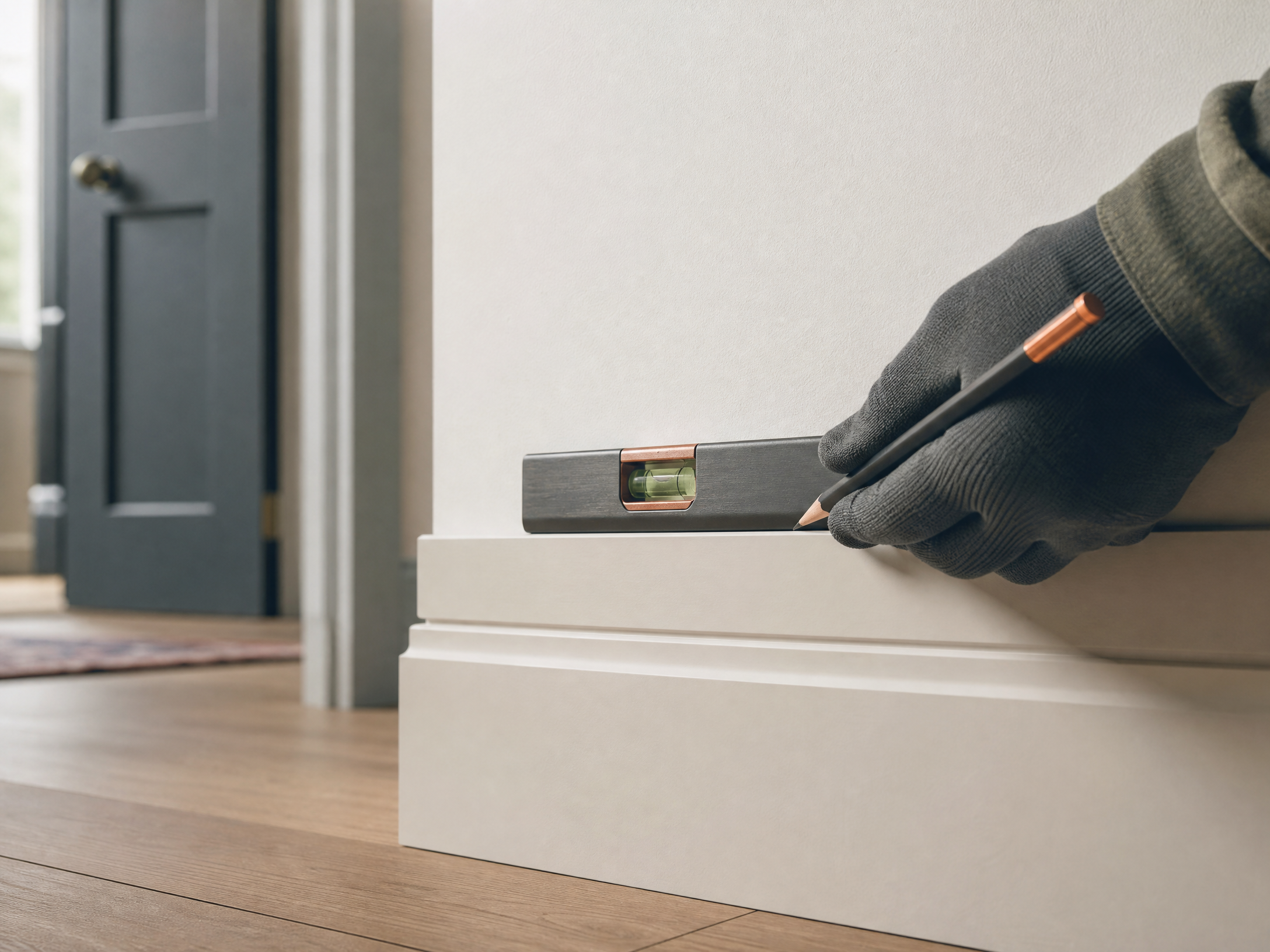 Surveyor checking skirting board with spirit level